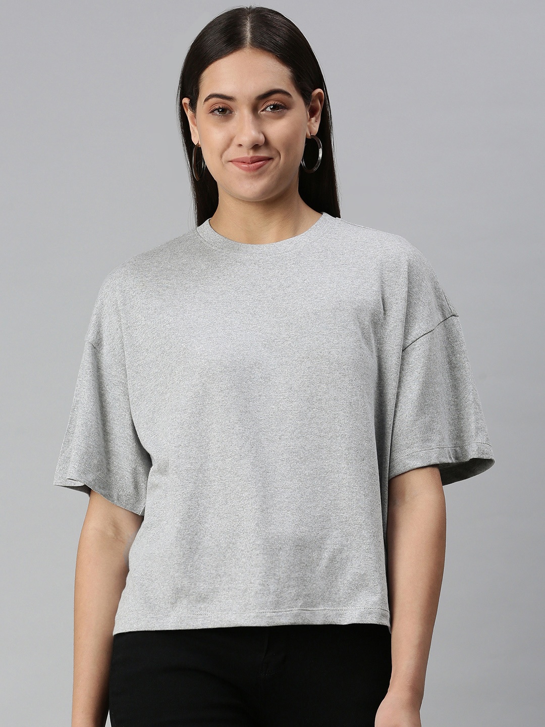 

Huetrap Women Cotton Melange Drop-Shoulder Sleeves Boxy T-shirt, Grey melange