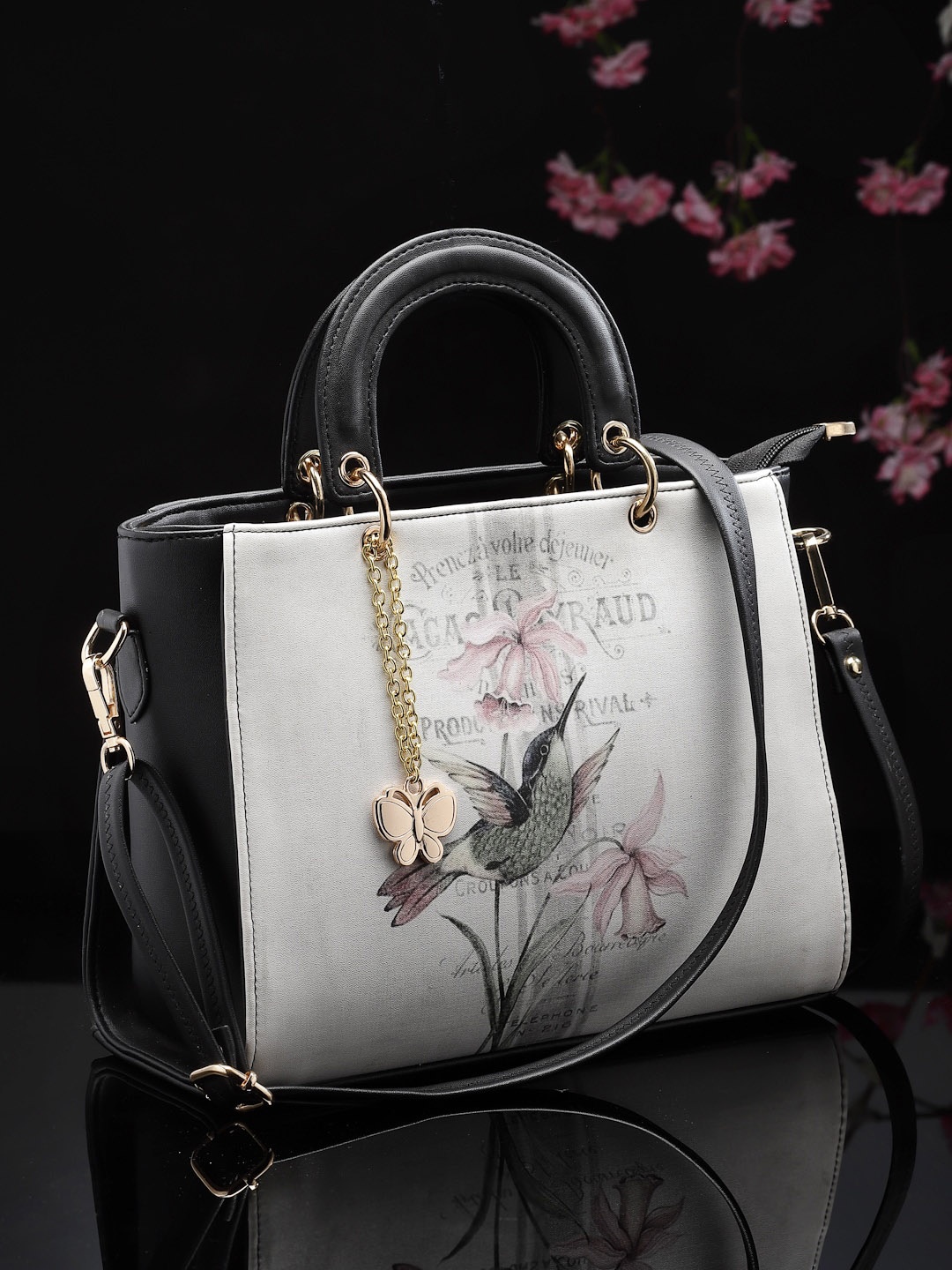 

Butterflies Printed PU Structured Handheld Bag, Na