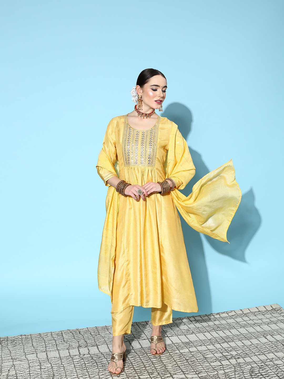 

Sunehri Women Ethnic Motifs Yoke Design Kurta With Trousers & With Dupatta, Yellow