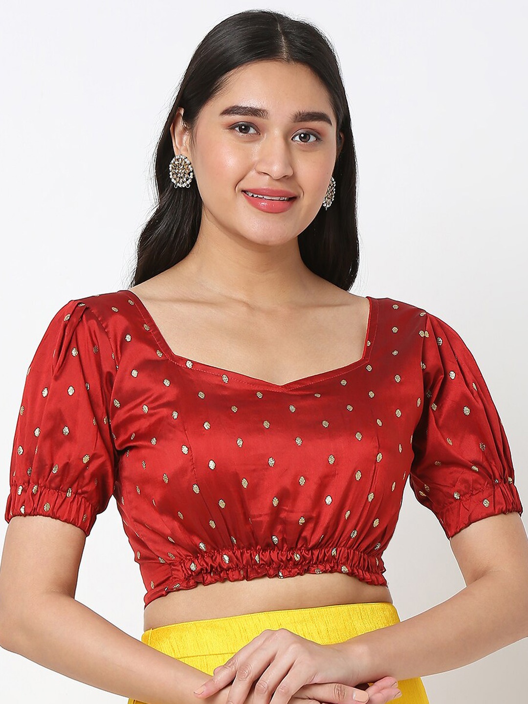 

SALWAR STUDIO Polk Dot Printed Puffed Sleeves & Back Open Saree Blouse, Maroon