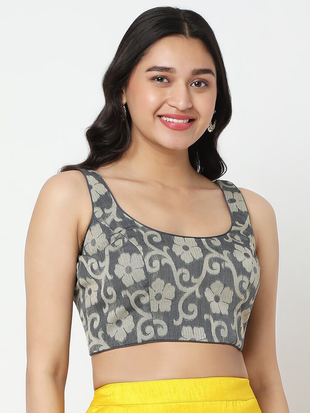 

Salwar Studio Woven-Designed Cotton Jamevar Sleeveless Saree Blouse, Grey