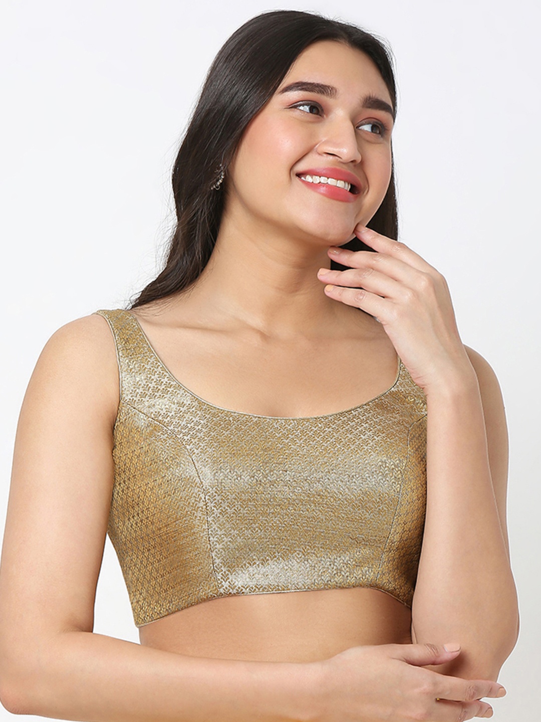 

SALWAR STUDIO Round Neck Sleeveless Saree Blouse, Gold