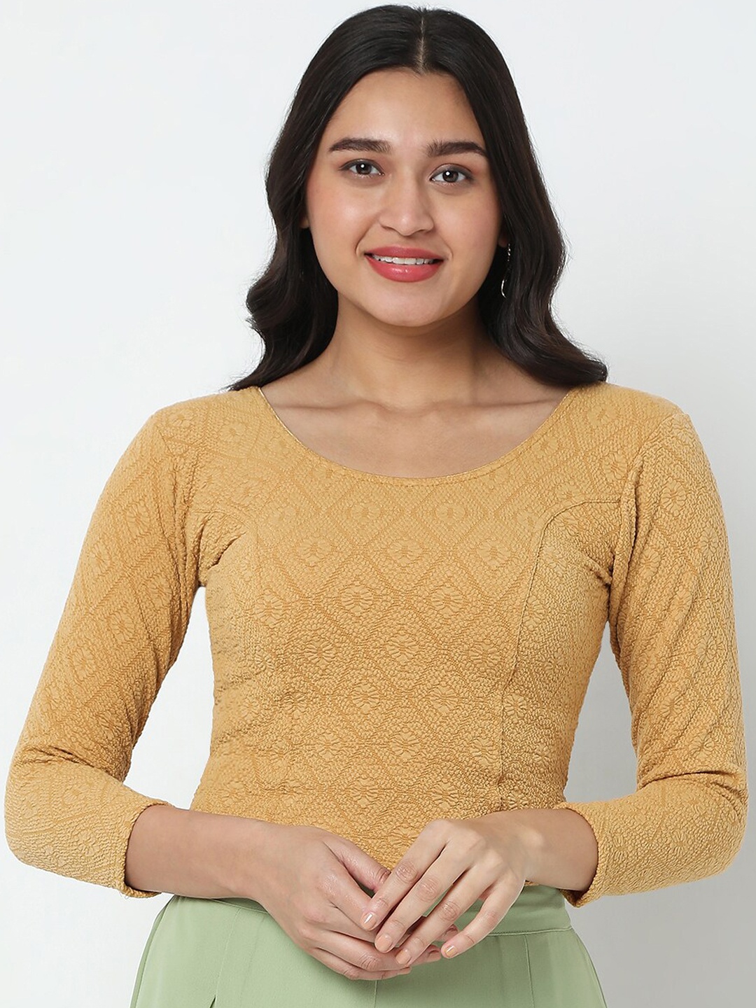 

SALWAR STUDIO Woven-Design Readymade Saree Blouse, Gold