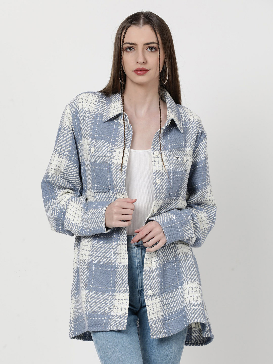

Wrangler Women Checked Longline Casual Shirt, Blue