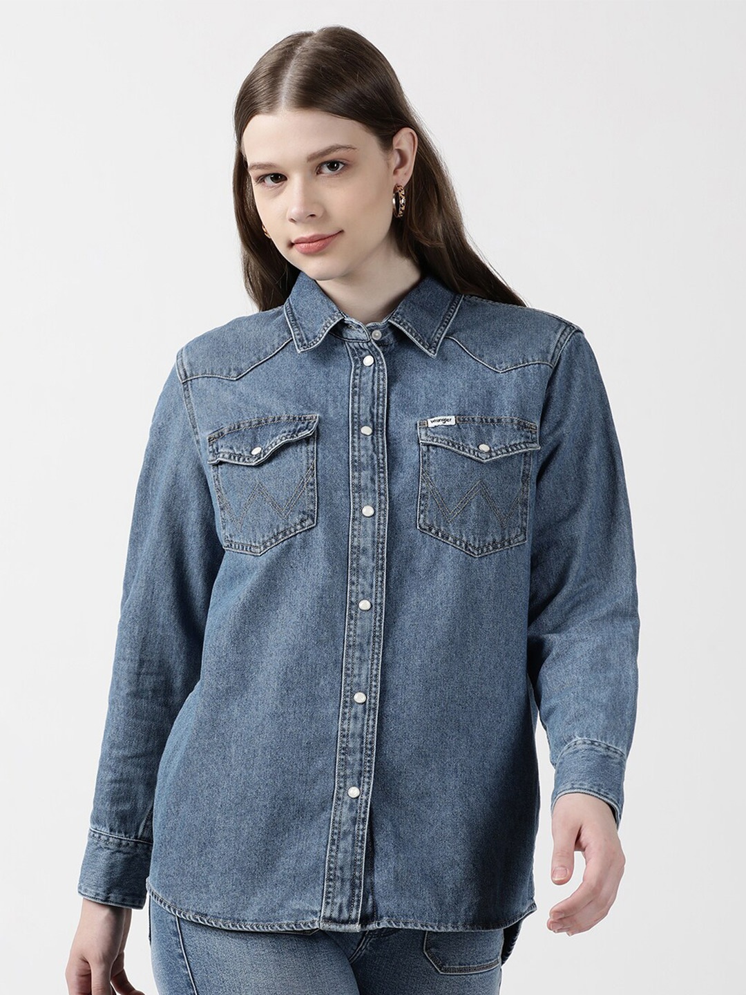 

Wrangler Women Faded Denim Casual Shirt, Blue
