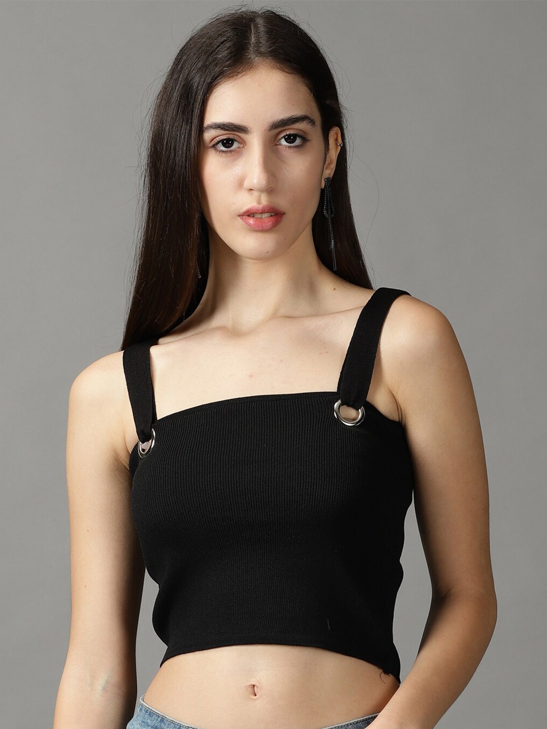 

SHOWOFF Ribbed Shoulder Straps Fitted Crop Top, Black