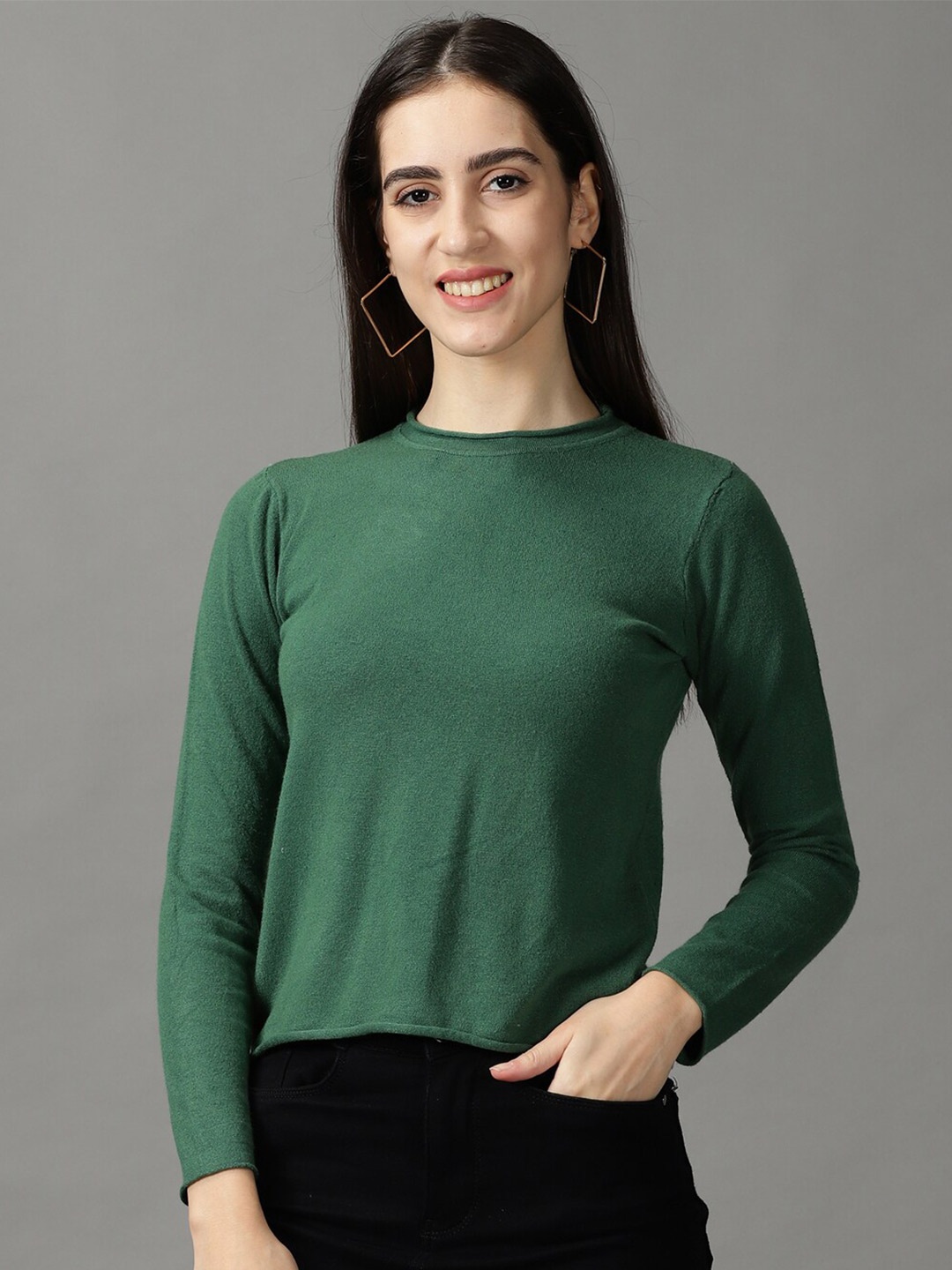 

SHOWOFF Round Neck Wool Fitted Top, Green