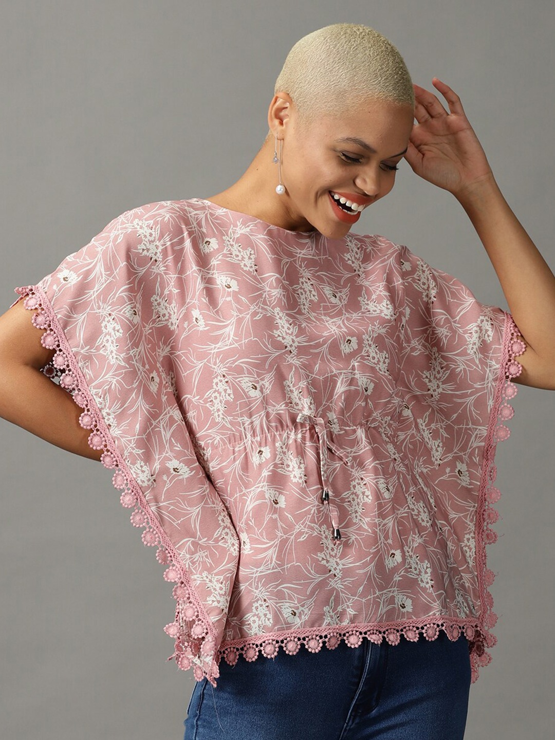 

SHOWOFFFloral Print Extended Sleeves Kaftan Top, Pink