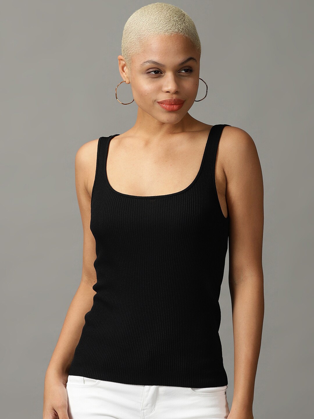 

SHOWOFF Ribbed Sleeveless Fitted Top, Black