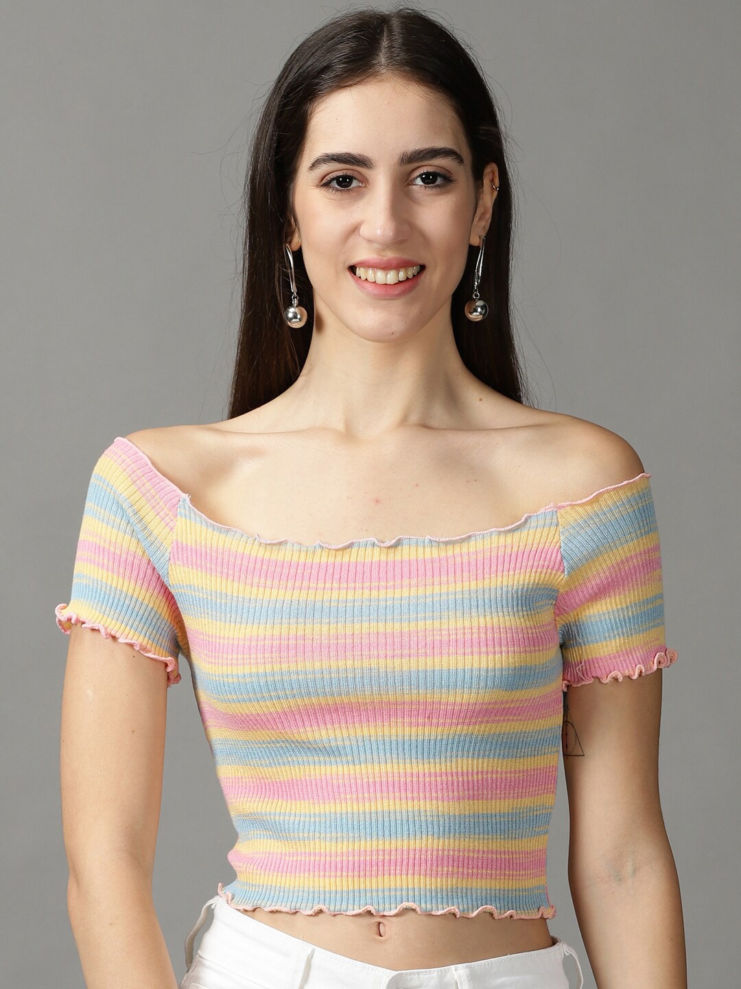 

SHOWOFF Striped Off-Shoulder Bardot Top, Pink