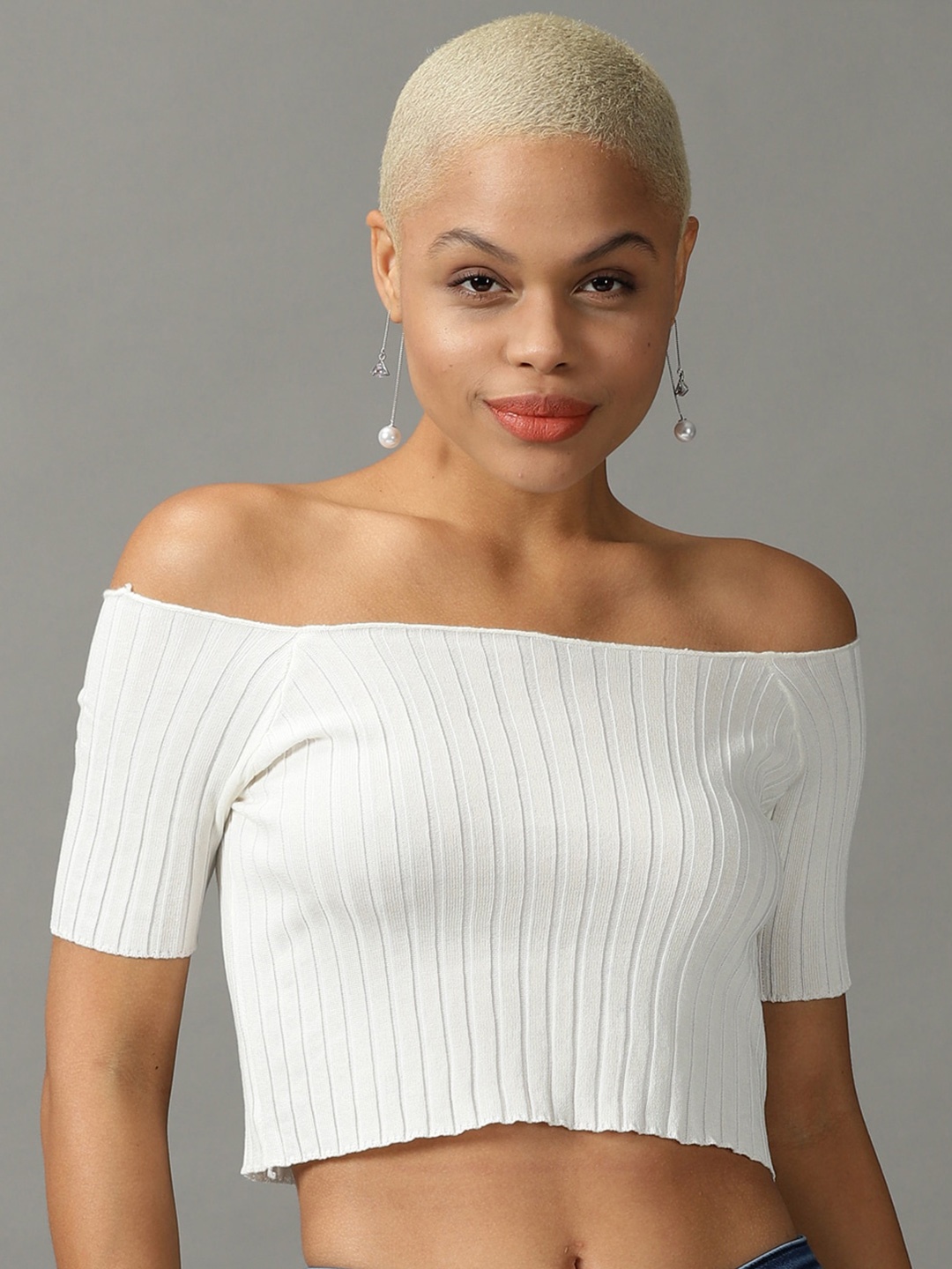 

SHOWOFF Striped Off-Shoulder Bardot Crop Top, White