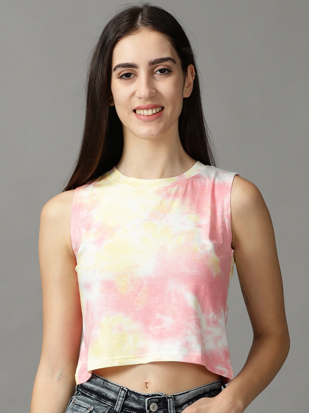 

SHOWOFF Tie and Dye Print Crop Top, Pink