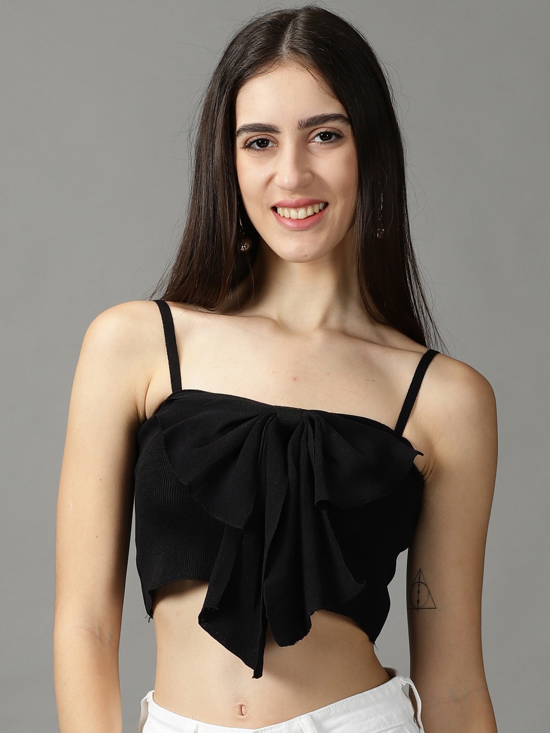 

SHOWOFF Shoulder Straps Acrylic Fitted Crop Top, Black