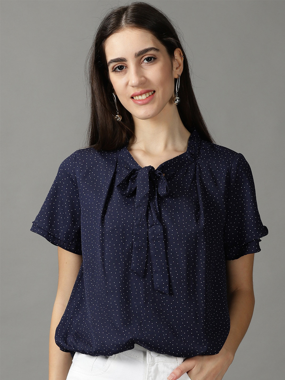 

SHOWOFF Print Tie-Up Neck Top, Navy blue