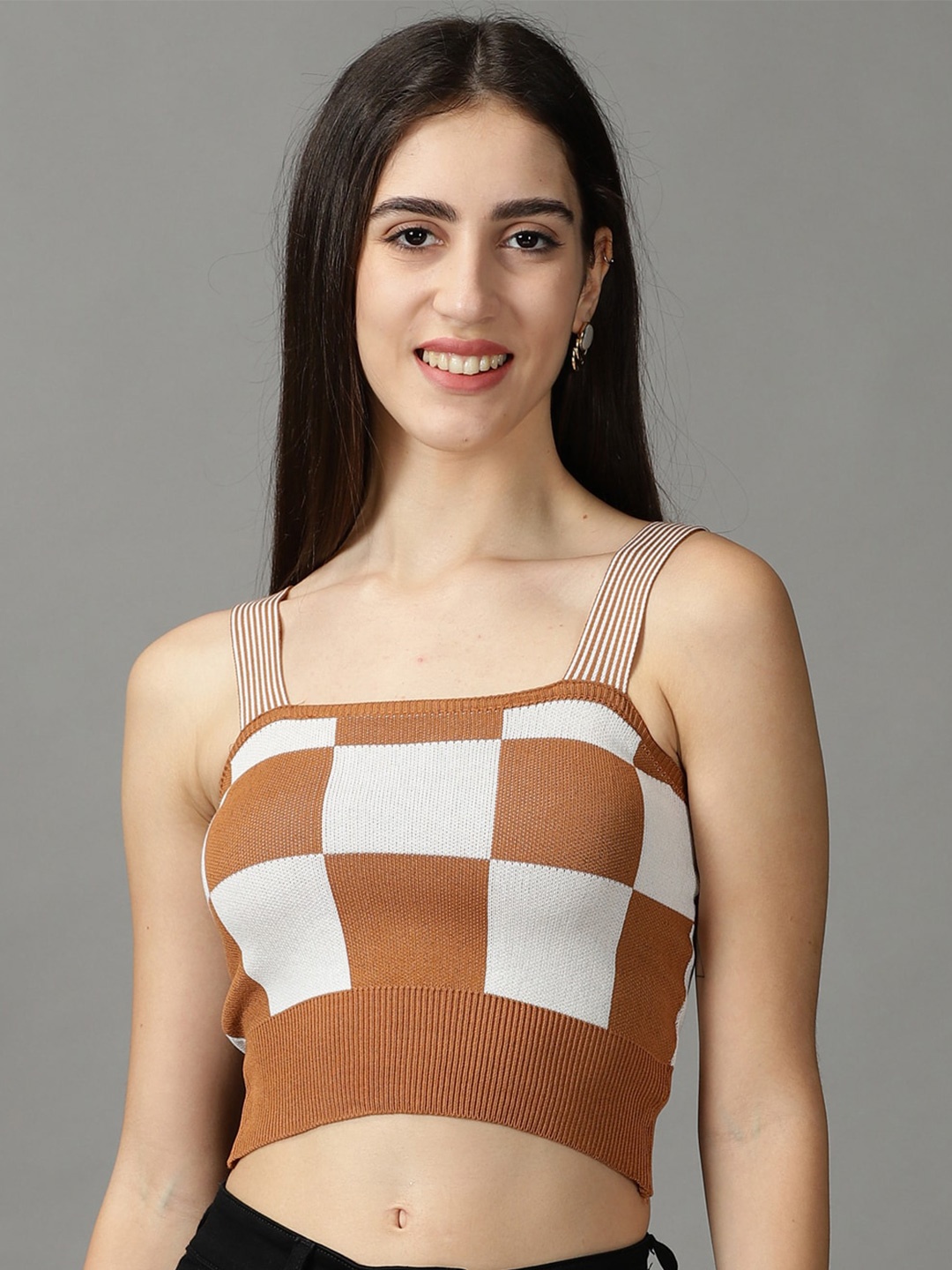 

SHOWOFF Geometric Print Crop Top, Brown