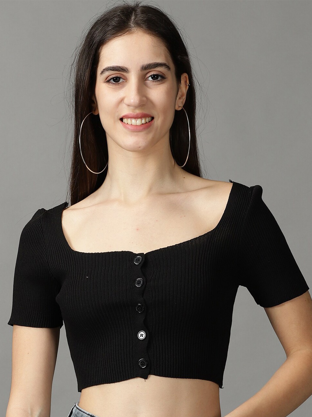 

SHOWOFF Ribbed Square Neck Acrylic Fitted Crop Top, Black