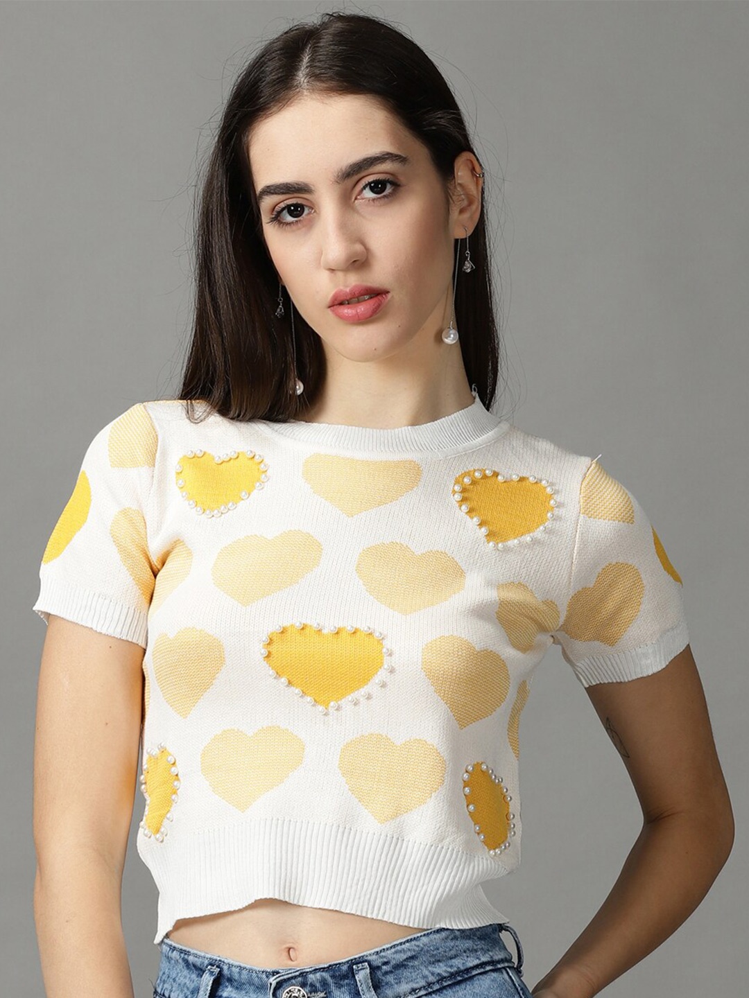 

SHOWOFF Geometric Print Studded Top, White