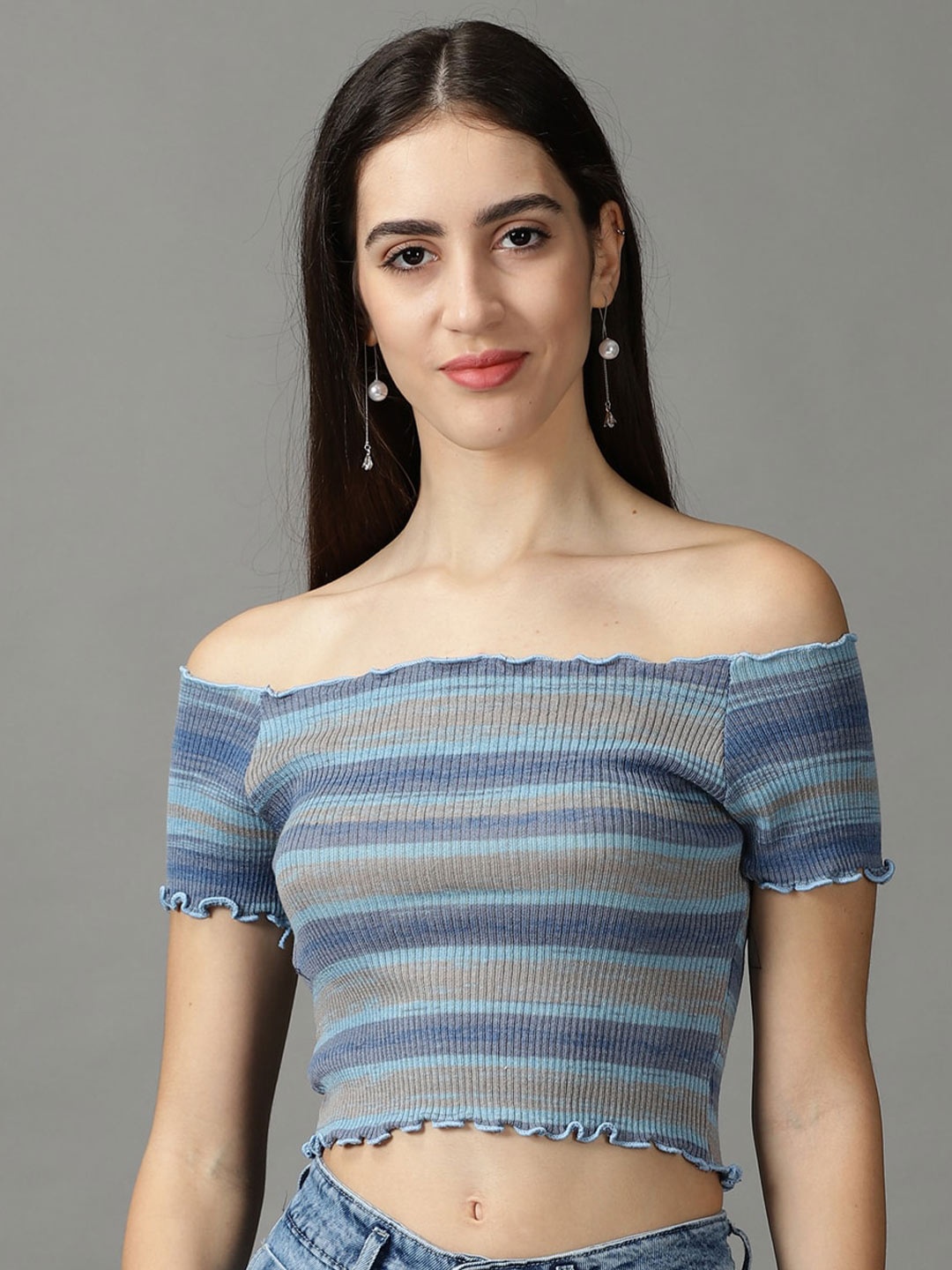 

SHOWOFF Striped Off-Shoulder Bardot Crop Top, Blue