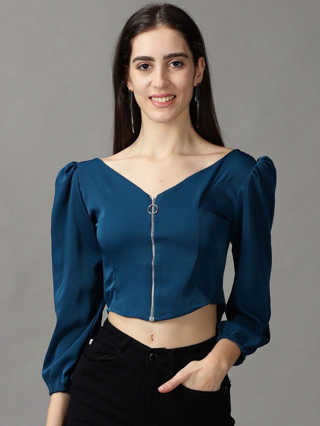 

SHOWOFF Women Crepe Crop Top, Teal