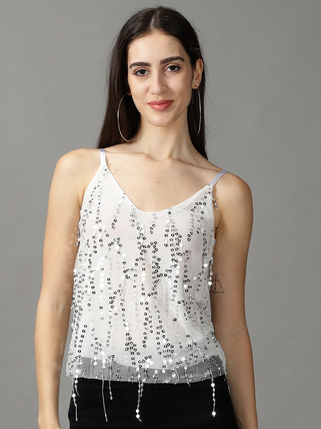 

SHOWOFF Women Embellished Embellished Net Top, White