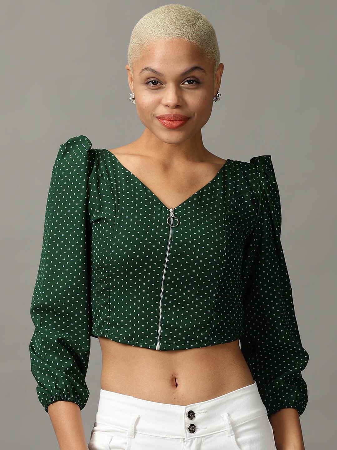 

SHOWOFF Women Printed Georgette Crop Top, Green