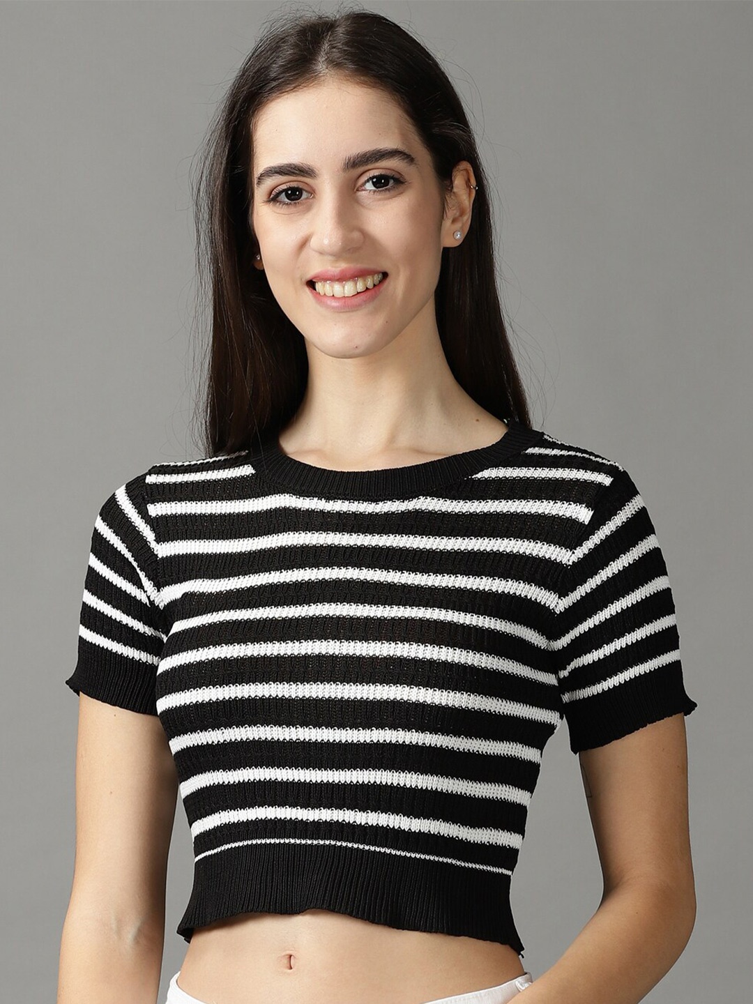 

SHOWOFF Women Striped Crop Top, Black