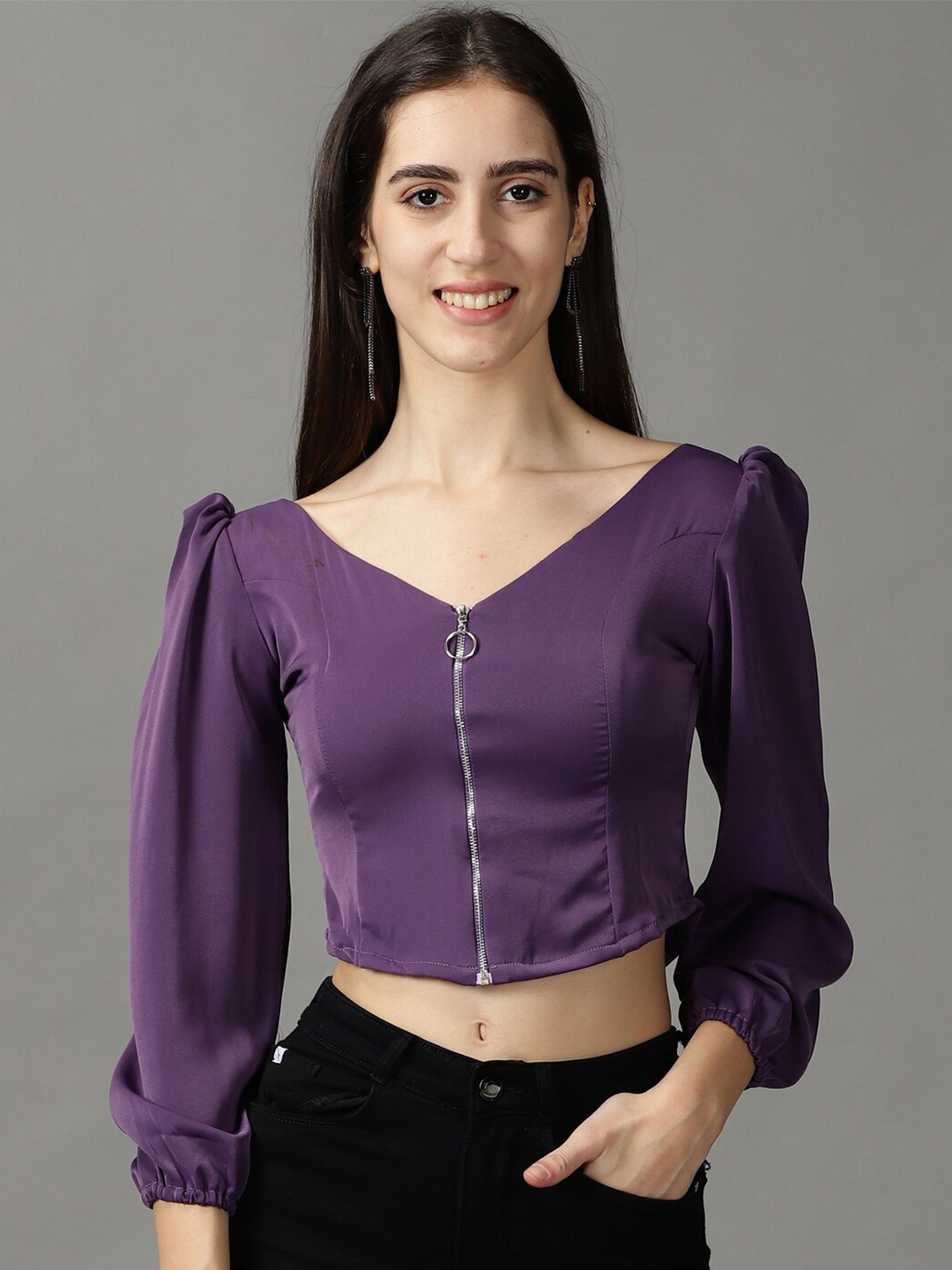 

SHOWOFF V-Neck Crepe Crop Top, Violet