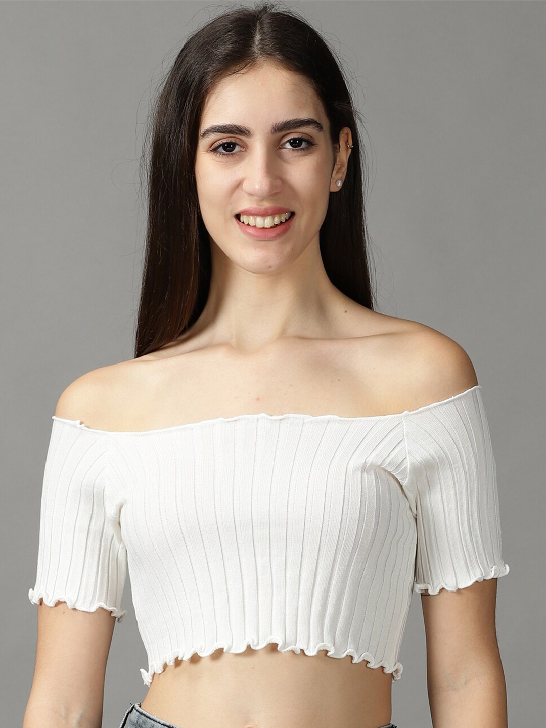 

SHOWOFF Striped Off-Shoulder Bardot Crop Top, White