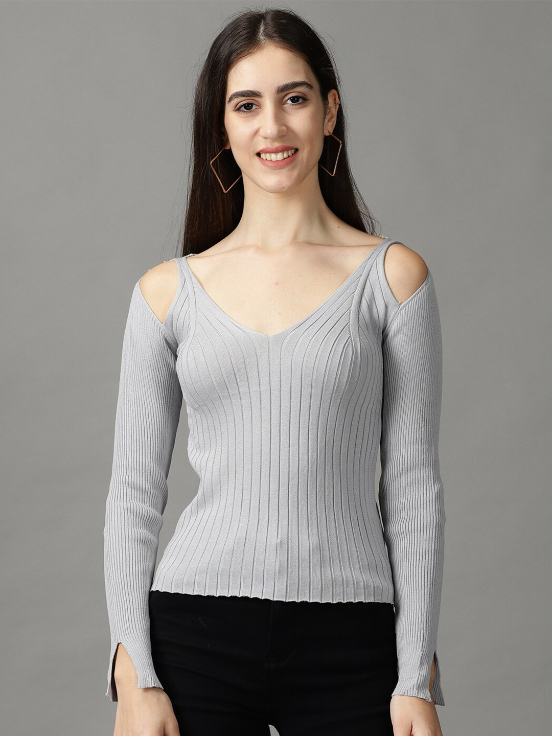 

SHOWOFF Striped V-Neck Fitted Top, Grey