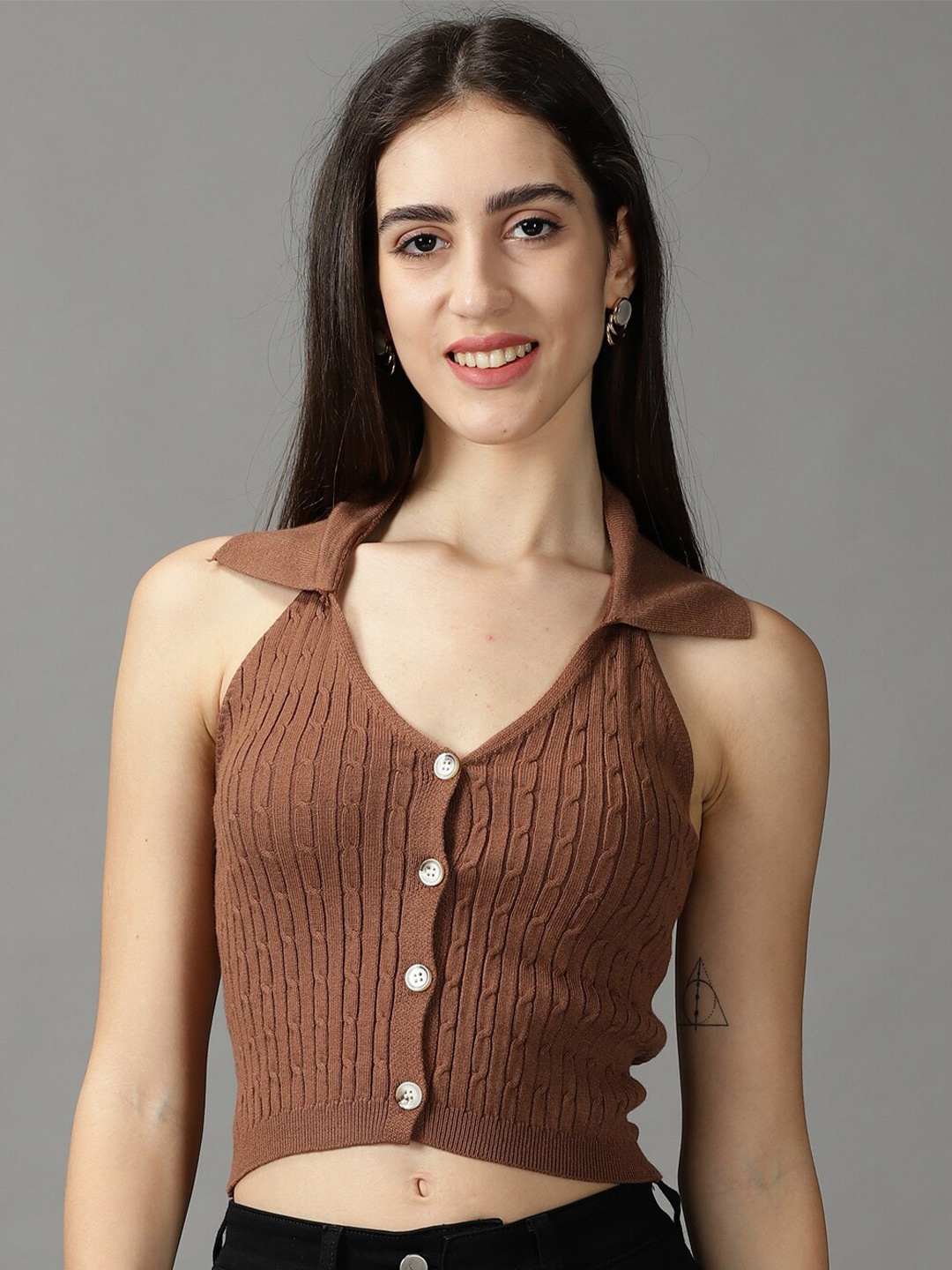 

SHOWOFF Halter Neck Crop Top, Brown
