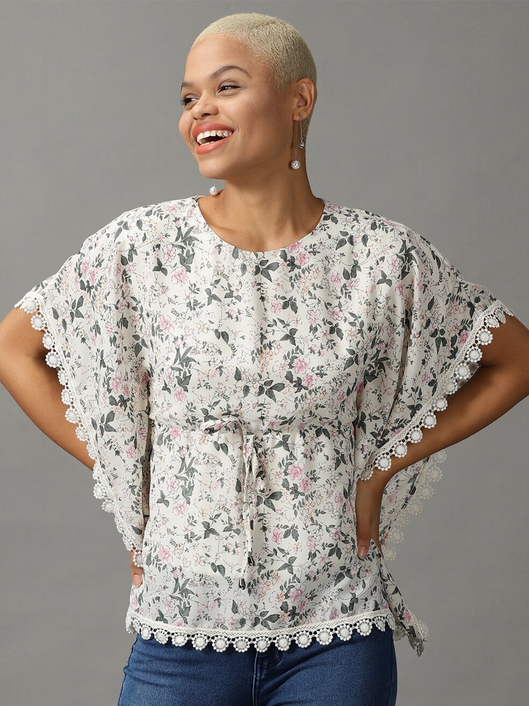 

SHOWOFF Floral Print Georgette Kaftan Top, Cream