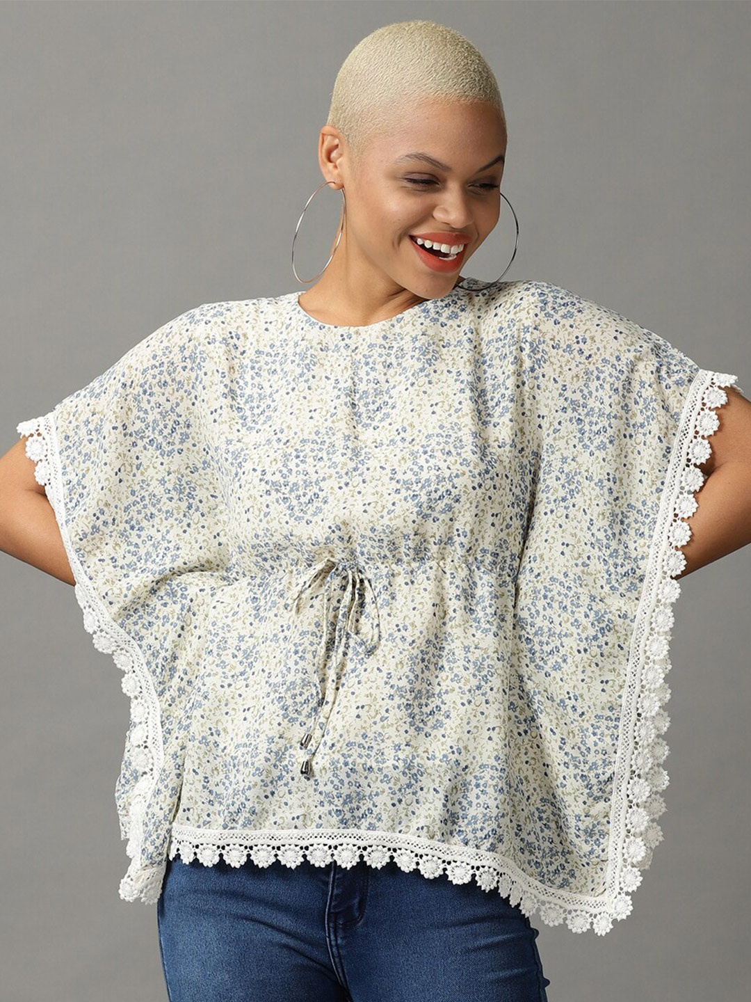 

SHOWOFF Floral Print Georgette Kaftan Top, Cream