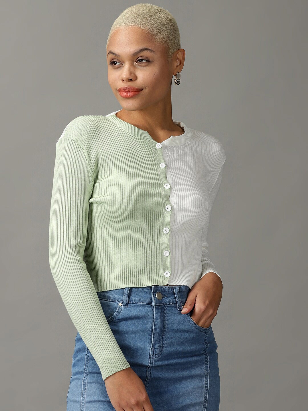 

SHOWOFF Ribbed Colourblocked Shirt Style Top, White