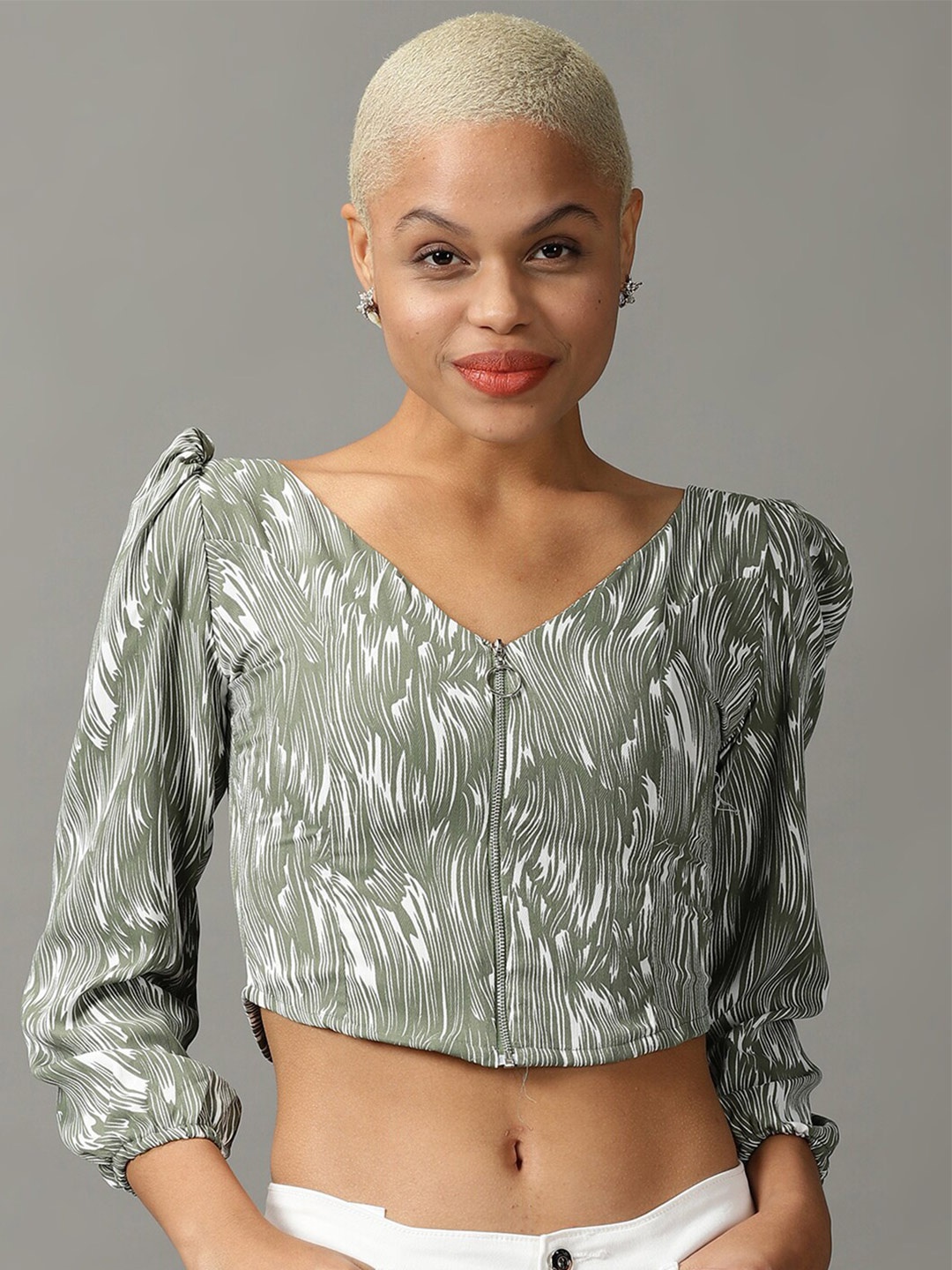 

SHOWOFF Abstract Print Puff Sleeve Crop Top, Olive