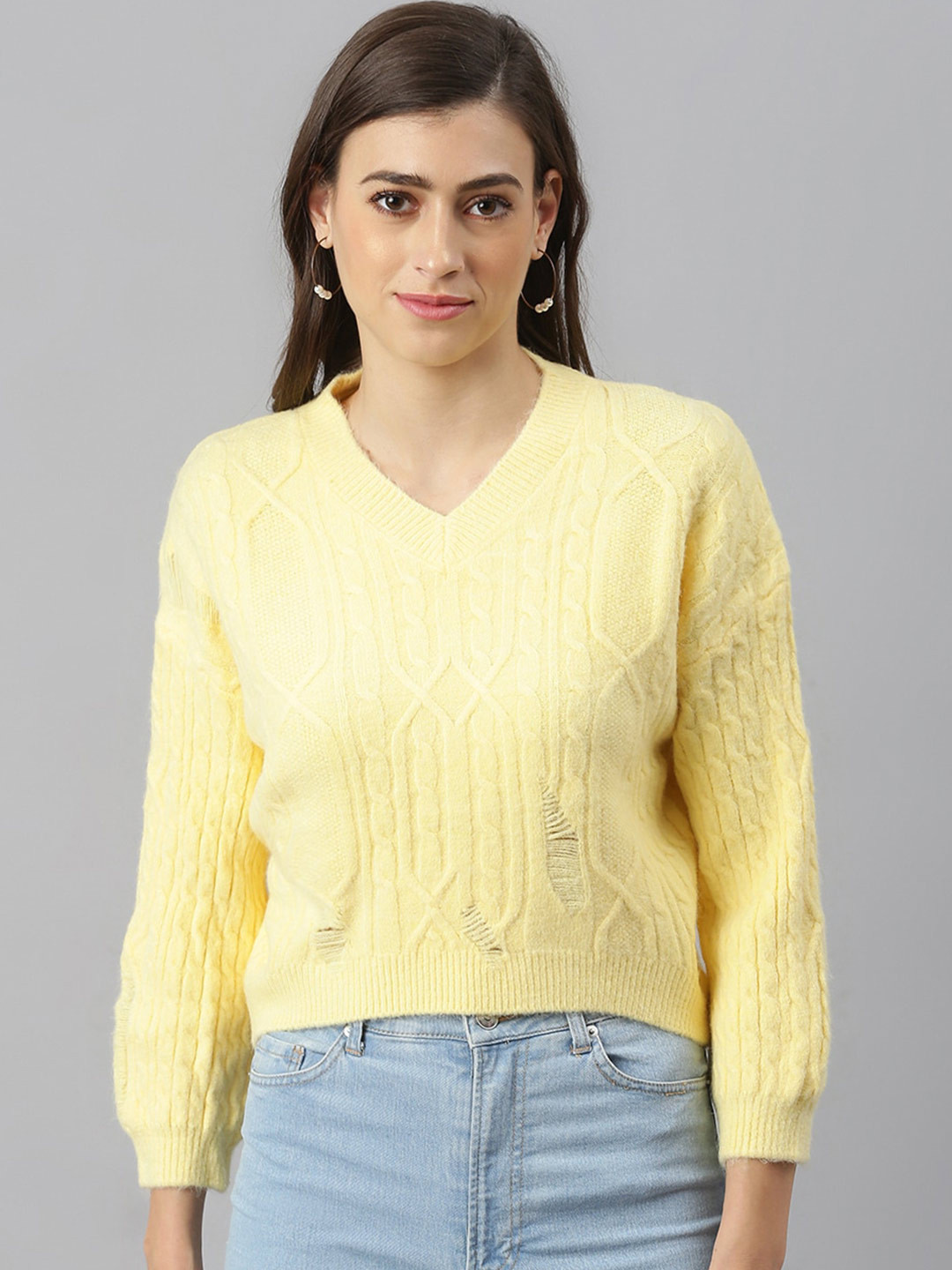 

Xpose Women Yellow Cable Knit Crop Pullover