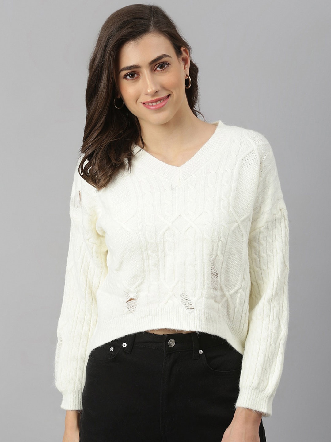 

Xpose Women White Cable Knit Pullover