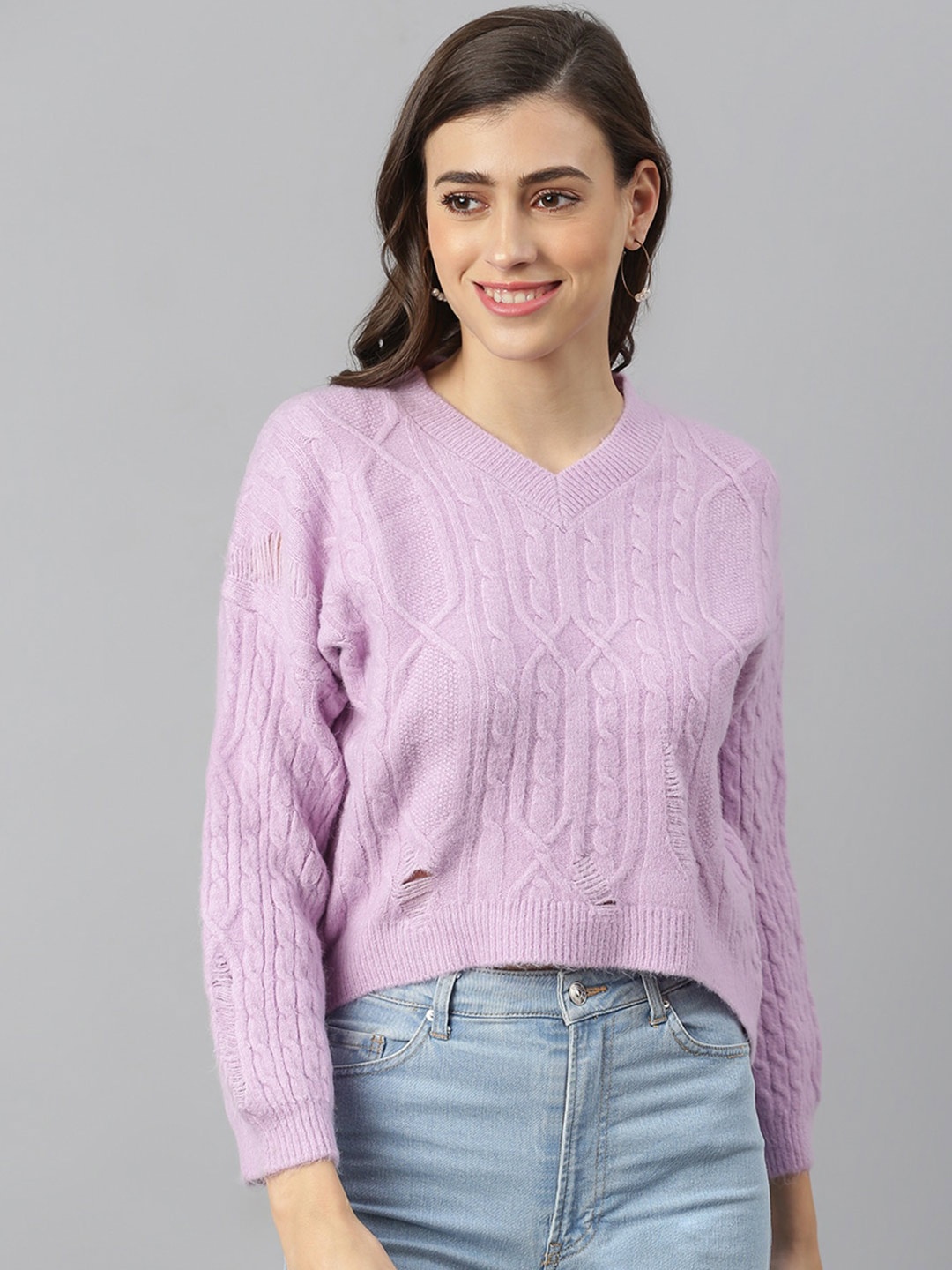 

Xpose Women Purple Cable Knit Crop Pullover