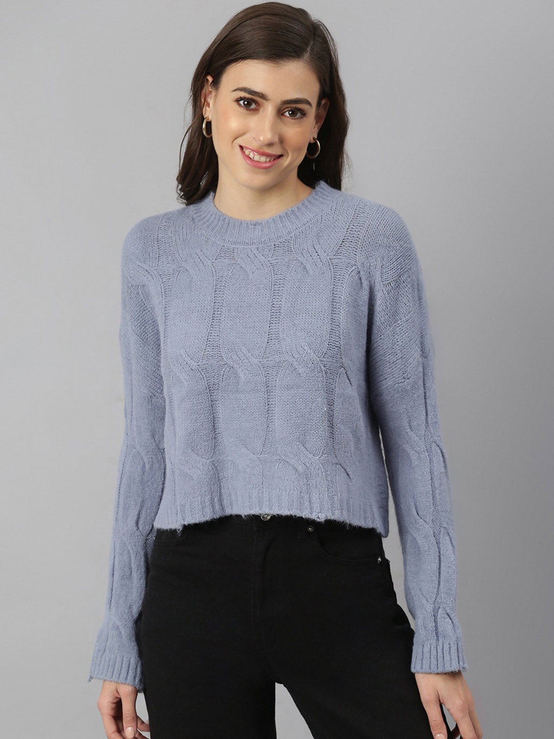 

Xpose Women Blue Cable Knit Crop Pullover