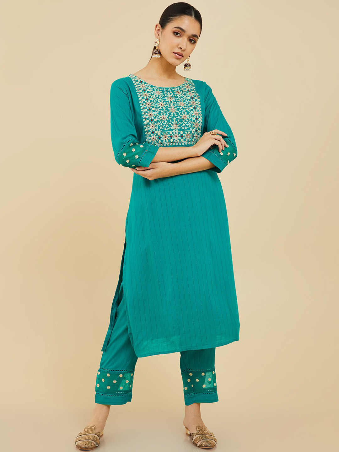 

Soch Ethnic Motifs Embroidered Kurta with Trousers, Teal
