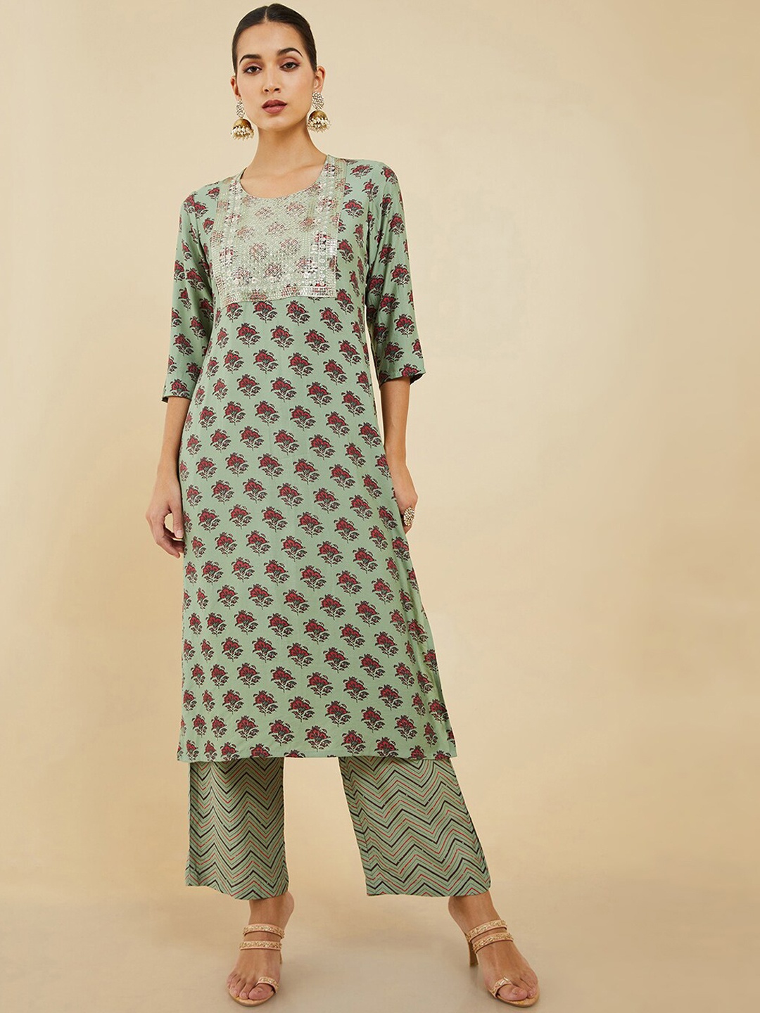 

Soch Floral Printed Sequinned Cotton Kurta with Trousers, Green