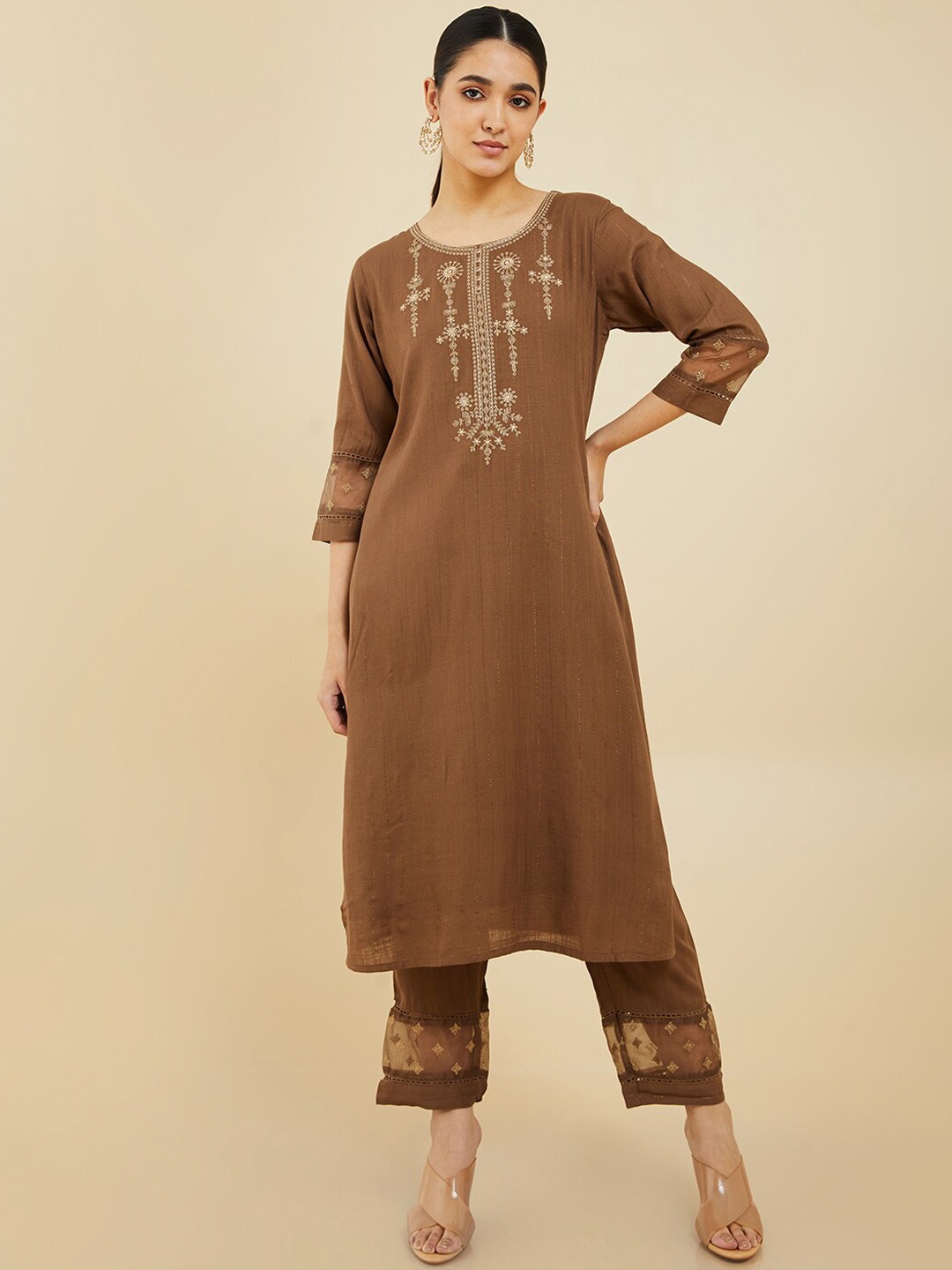 

Soch Floral Embroidered Kurta with Trousers, Brown