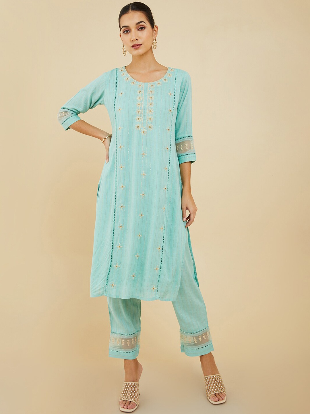 

Soch Floral Embroidered Thread Work Kurta with Trousers, Blue
