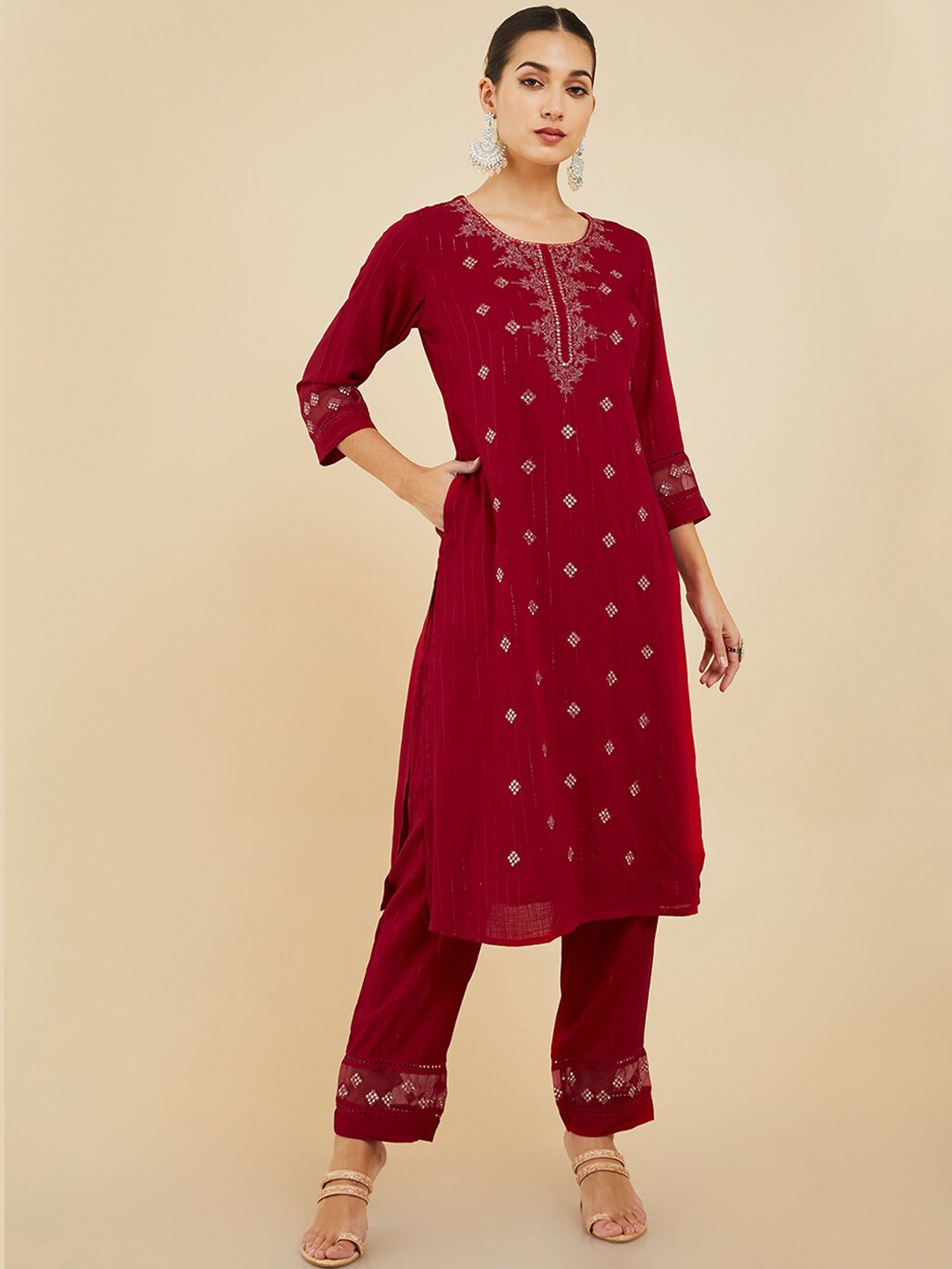 

Soch Ethnic Motifs Embroidered Sequinned Kurta with Trousers, Red