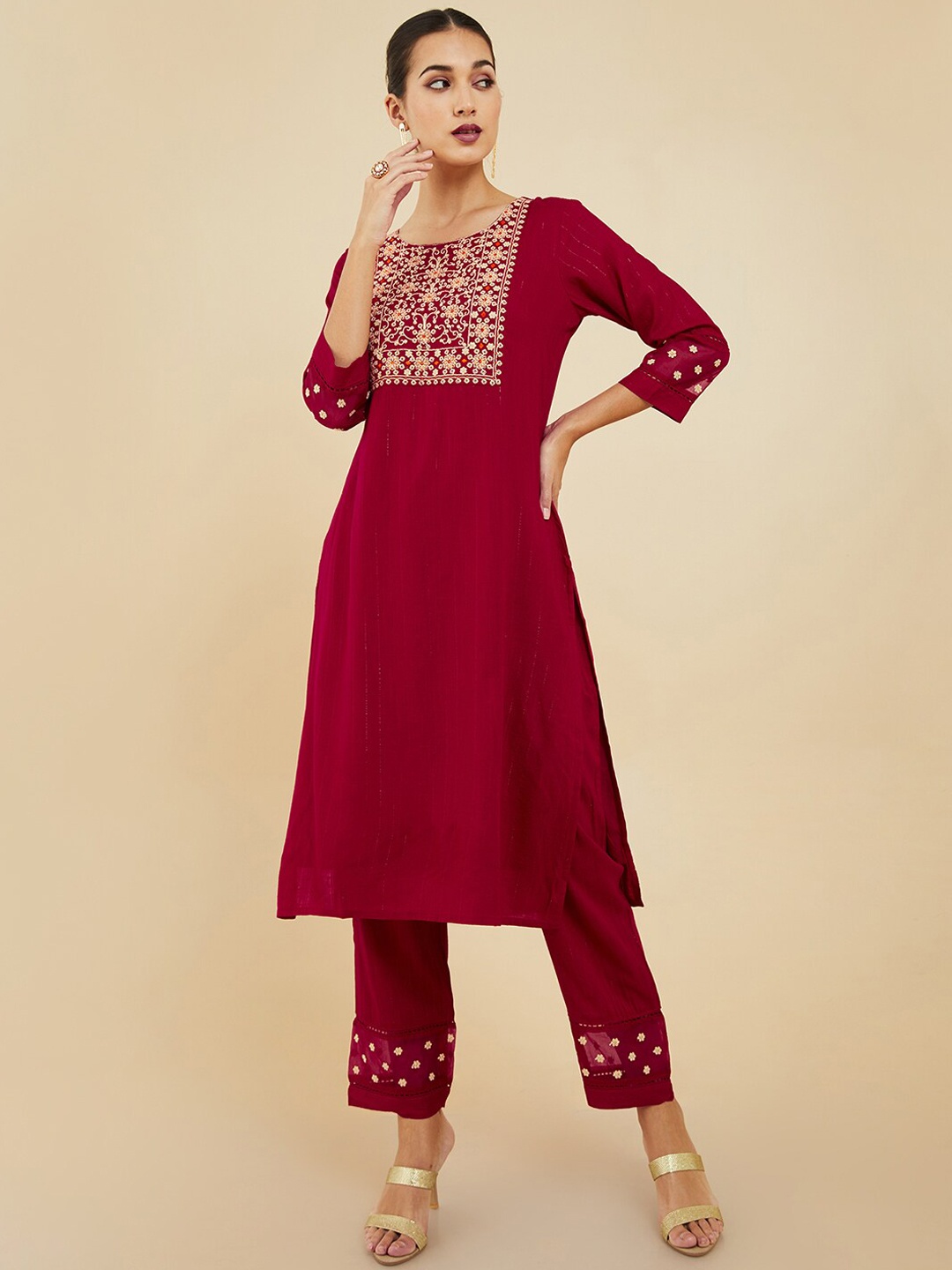 

Soch Ethnic Motifs Printed Kurta with Trousers, Red