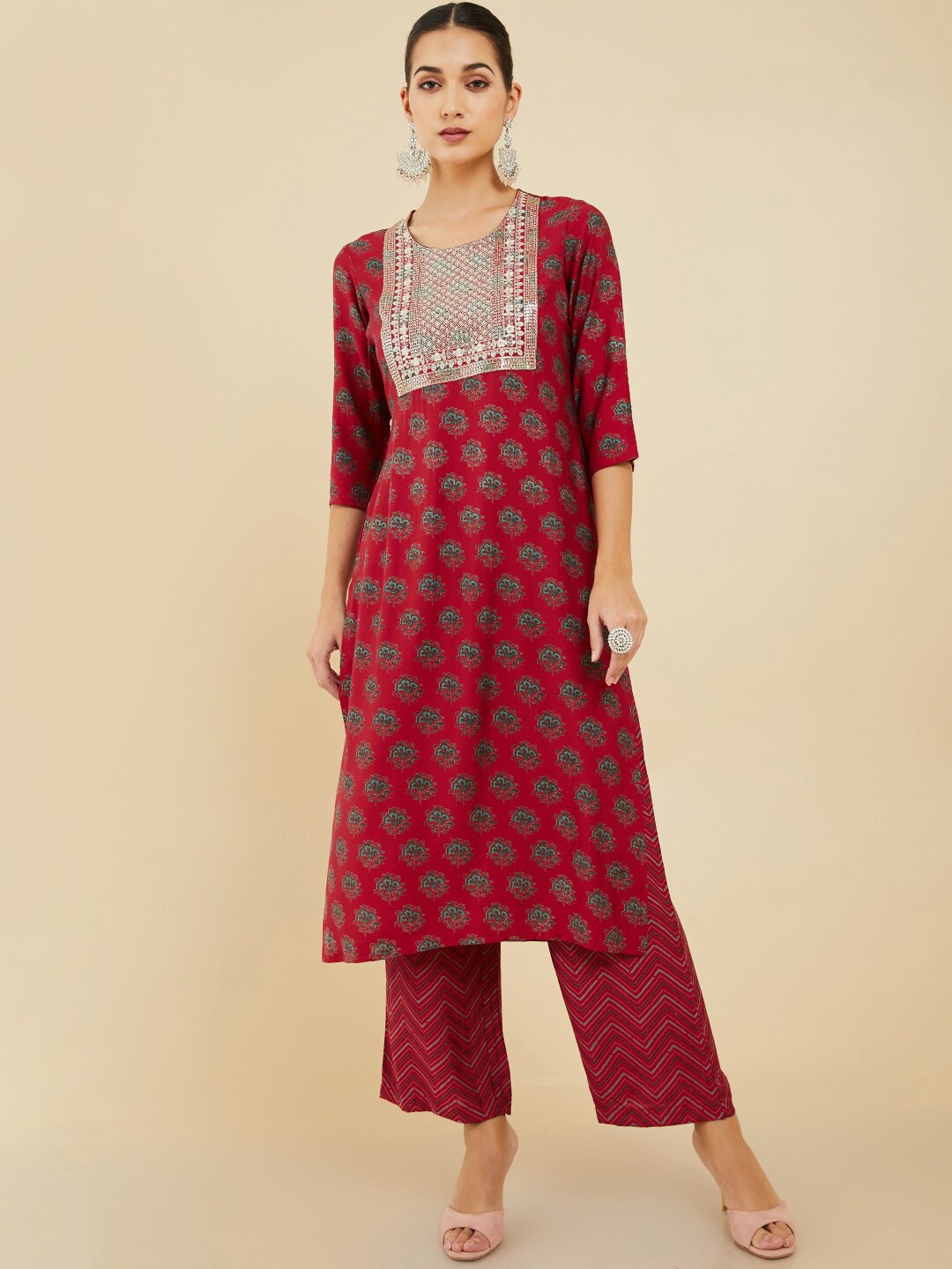 

Soch Floral Printed Sequinned Cotton Kurta with Trousers, Red