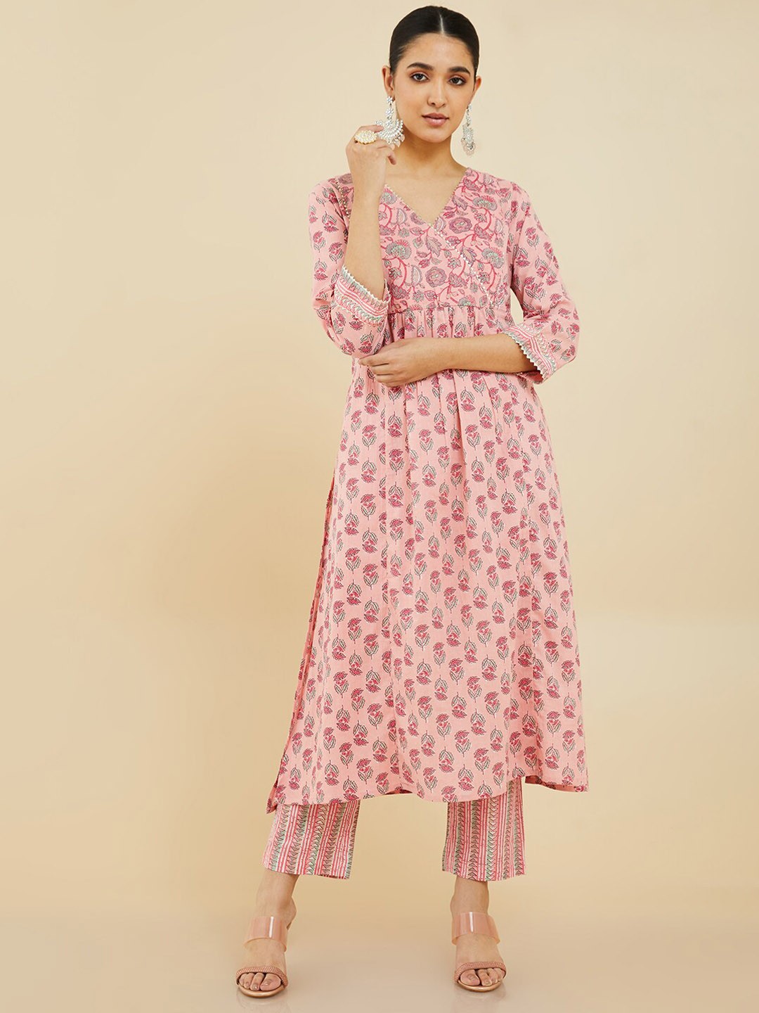 

Soch Women Coral Floral Printed Kurta with Trousers