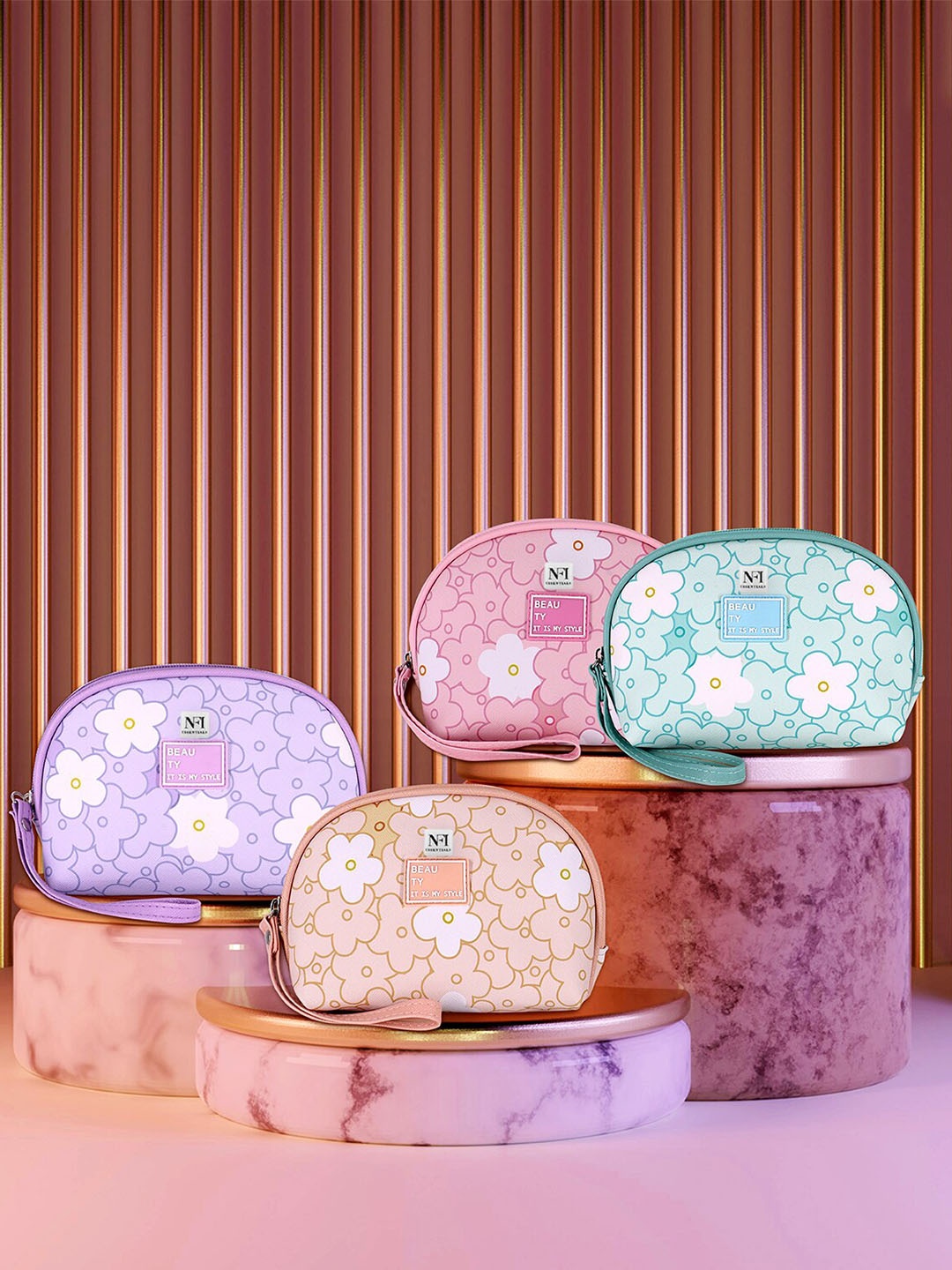 

NFI essentials Women Pack Of 3 Floral Print Flower Print Makeup Bag, Pink