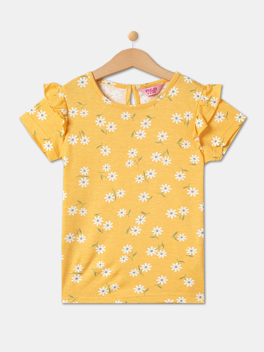 

R&B Floral Printed Round Neck Pure Cotton Top, Yellow