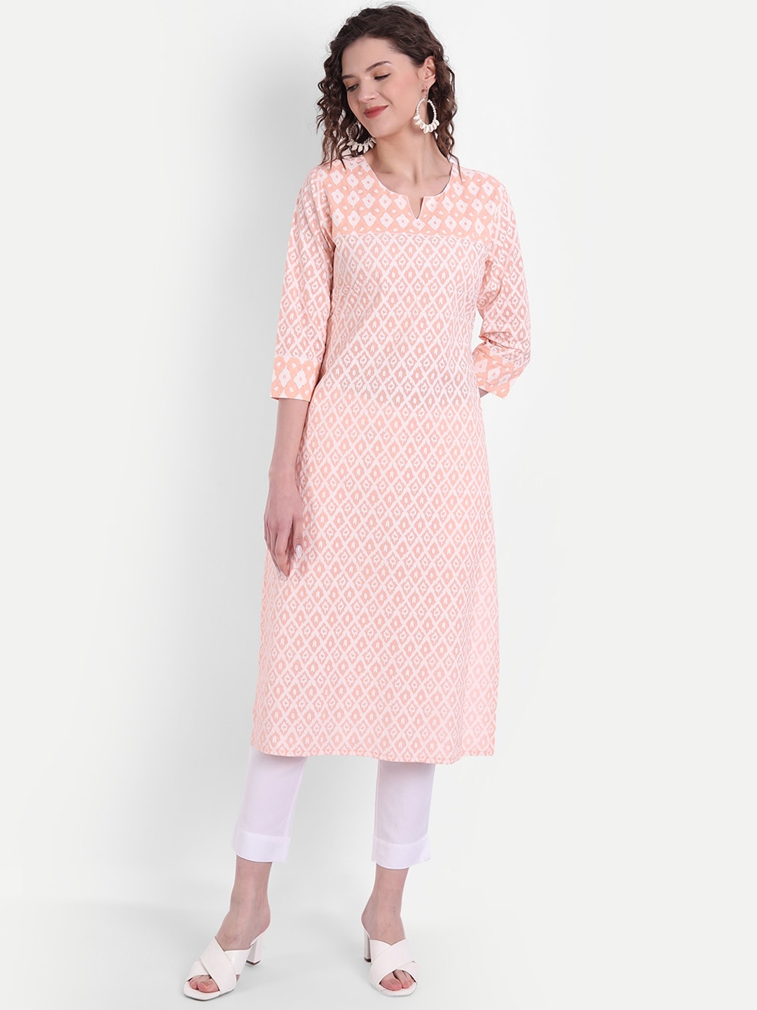 SUTI Stylised Neck Ethnic Motifs Printed Pastels Pure Cotton Kurta, Peach