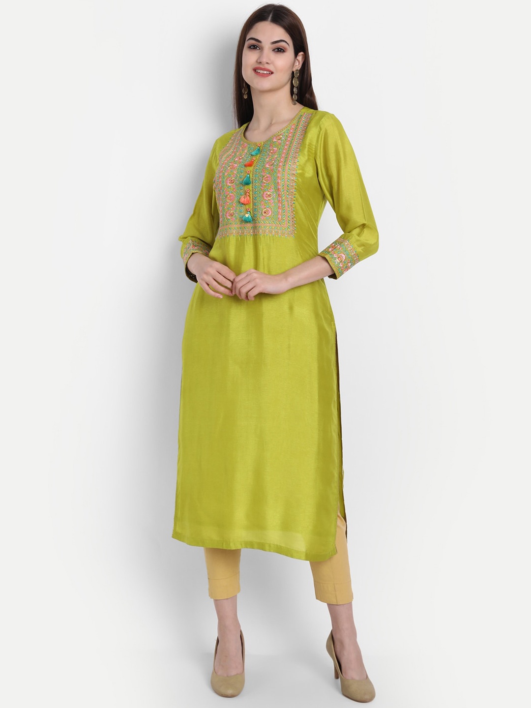

SUTI Ethnic Motifs Embroidered Mirror Work Silk Kurta, Green